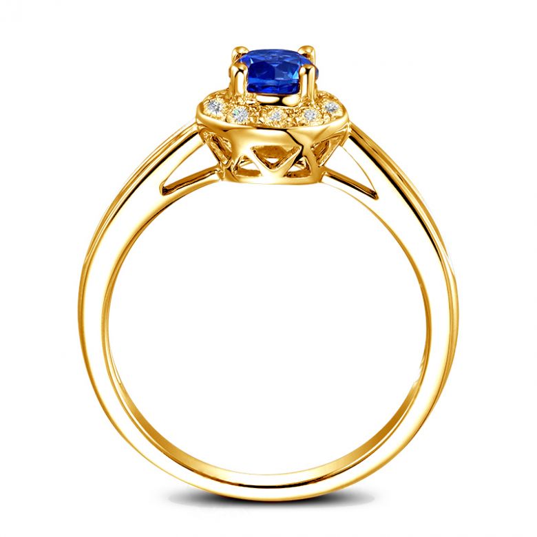 Bague fiançailles solitaire. Saphir bleu Or jaune et diamants - 6
