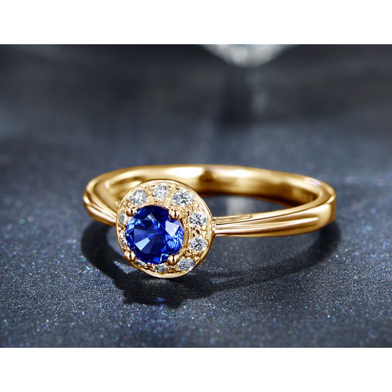 Bague fiançailles solitaire. Saphir bleu Or jaune et diamants - 5