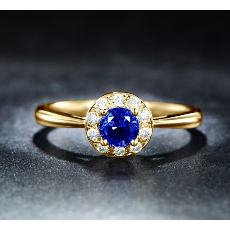 Bague fiançailles solitaire. Saphir bleu Or jaune et diamants - 3
