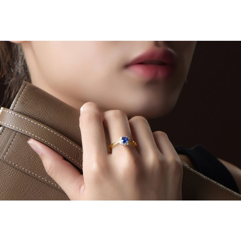 Bague fiançailles solitaire. Saphir bleu Or jaune et diamants - 4