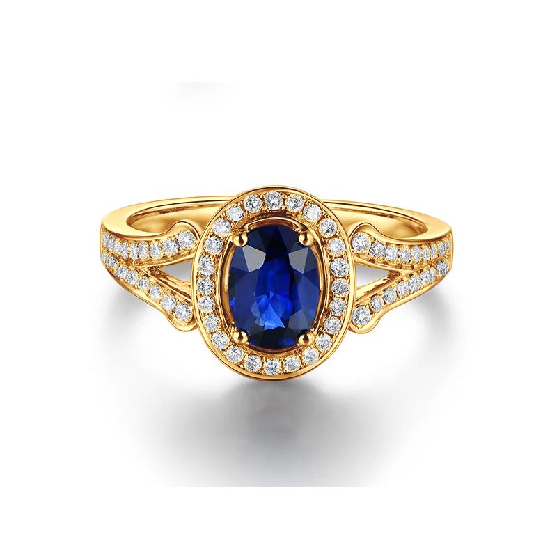 Bague fiançaille saphir ovale 1 carat. Or jaune. Pavage diamants - 6
