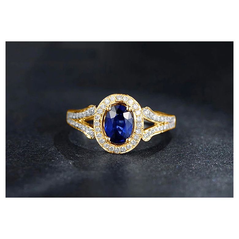 Bague fiançaille saphir ovale 1 carat. Or jaune. Pavage diamants - 3