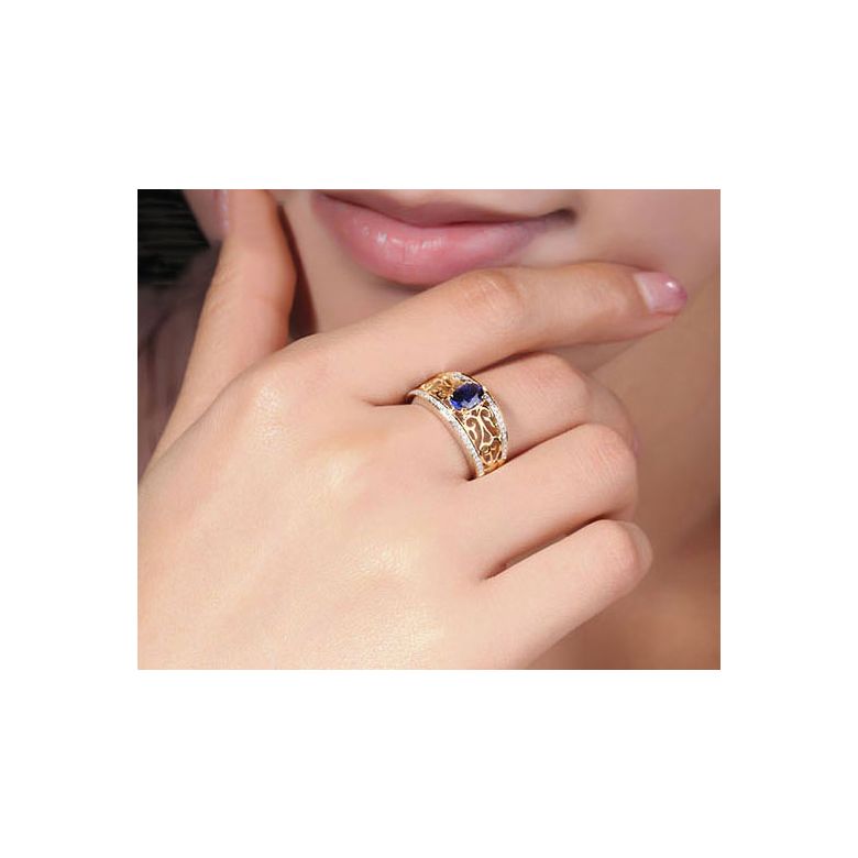 Bague fiançailles saphir 1ct. Or jaune. Motifs brodés dentelles - 5