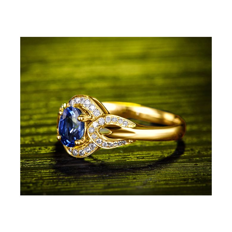Bague fiançailles saphir diamants et or jaune. Motifs bouclés - 3
