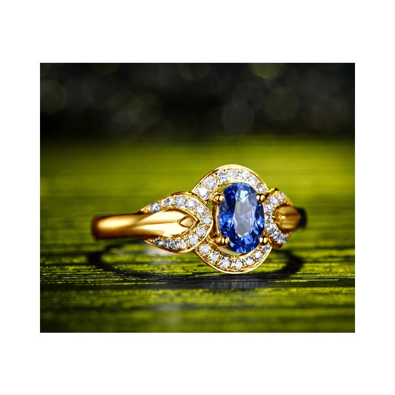 Bague fiançailles saphir diamants et or jaune. Motifs bouclés - 2