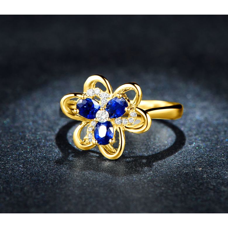 Bague fleur Or jaune fleur anémone. Diamants, saphirs - 5