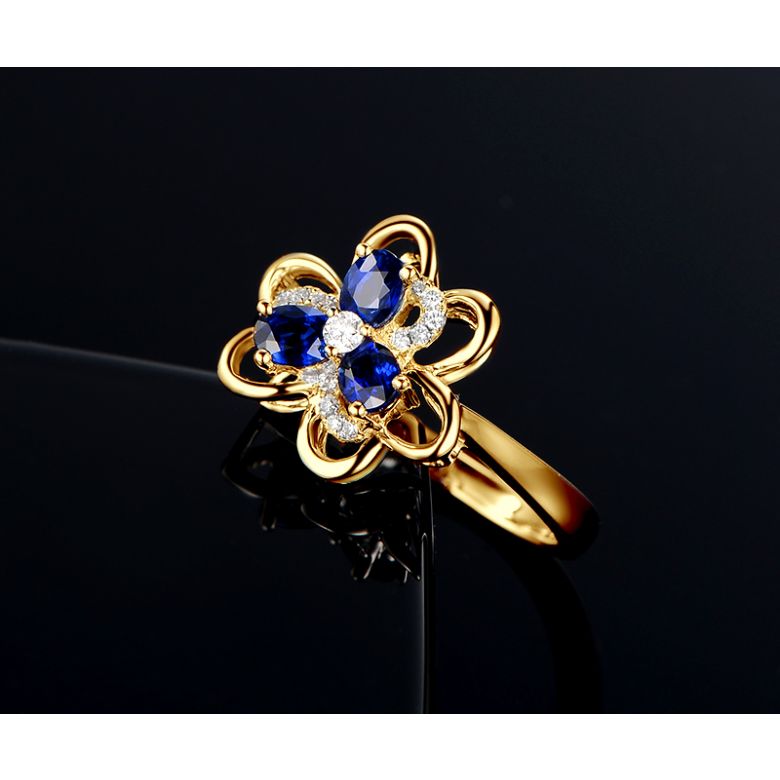 Bague fleur Or jaune fleur anémone. Diamants, saphirs - 6