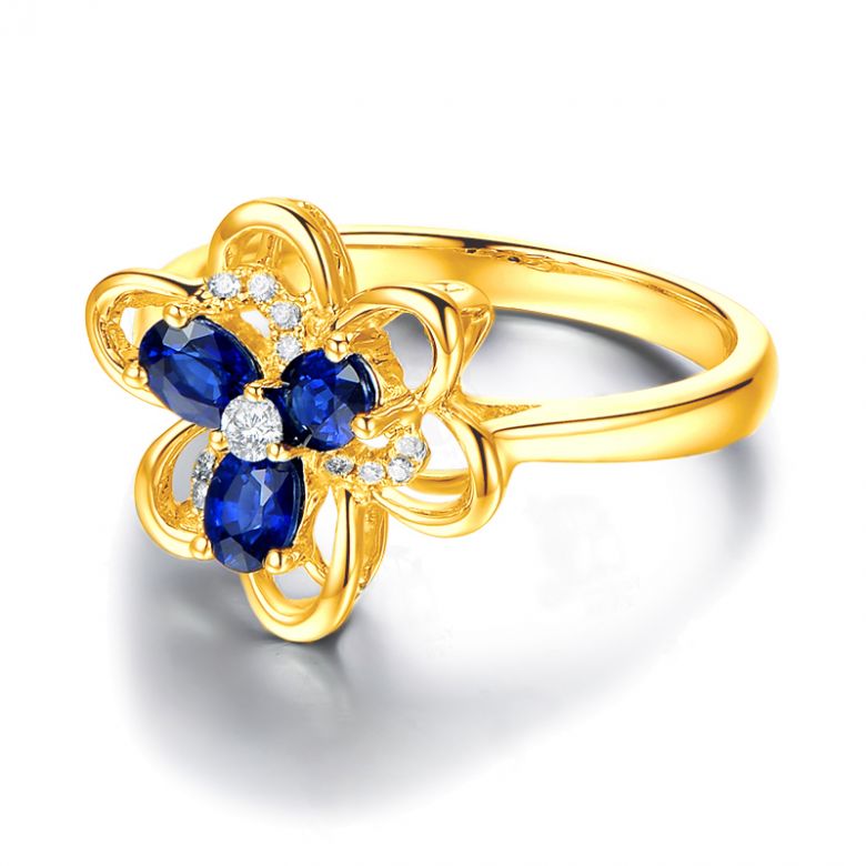 Bague fleur Or jaune fleur anémone. Diamants, saphirs - 8