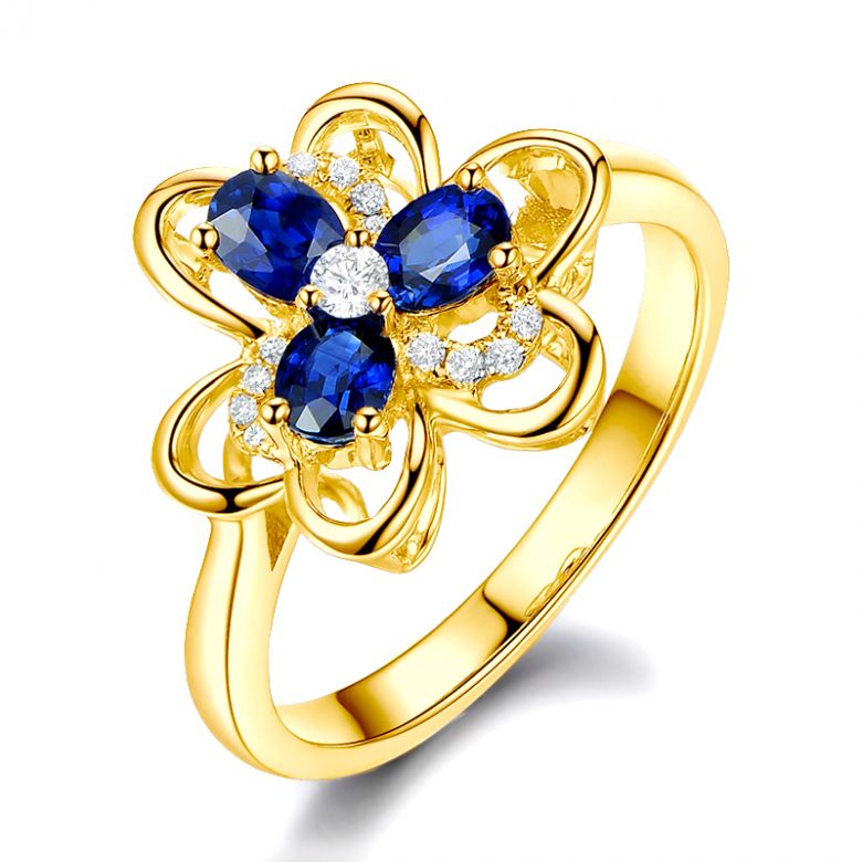 Bague fleur Or jaune fleur anémone. Diamants, saphirs - 7