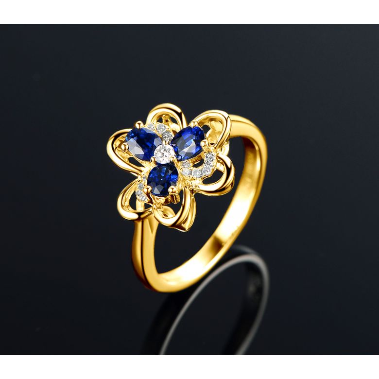 Bague fleur Or jaune fleur anémone. Diamants, saphirs - 3