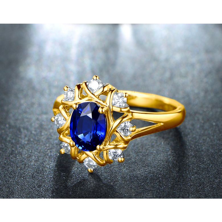Bague fiancailles fleur saphir et diamants. Solitaire Or jaune - 4