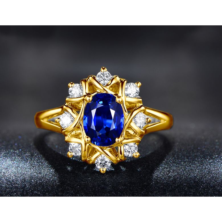 Bague fiancailles fleur saphir et diamants. Solitaire Or jaune - 8