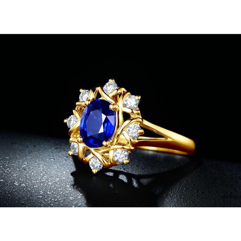 Bague fiancailles fleur saphir et diamants. Solitaire Or jaune - 6