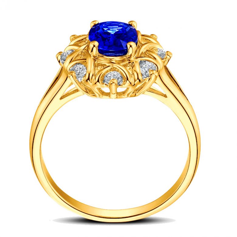 Bague fiancailles fleur saphir et diamants. Solitaire Or jaune - 10