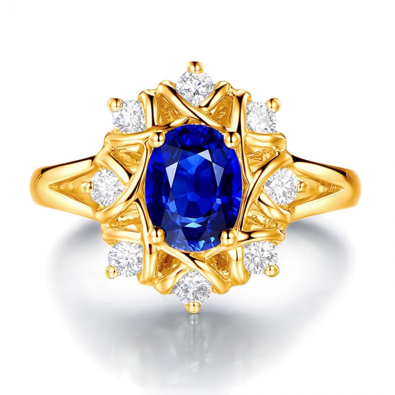 Bague fiancailles fleur saphir et diamants. Solitaire Or jaune - 9