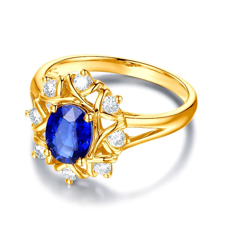 Bague fiancailles fleur saphir et diamants. Solitaire Or jaune - 11