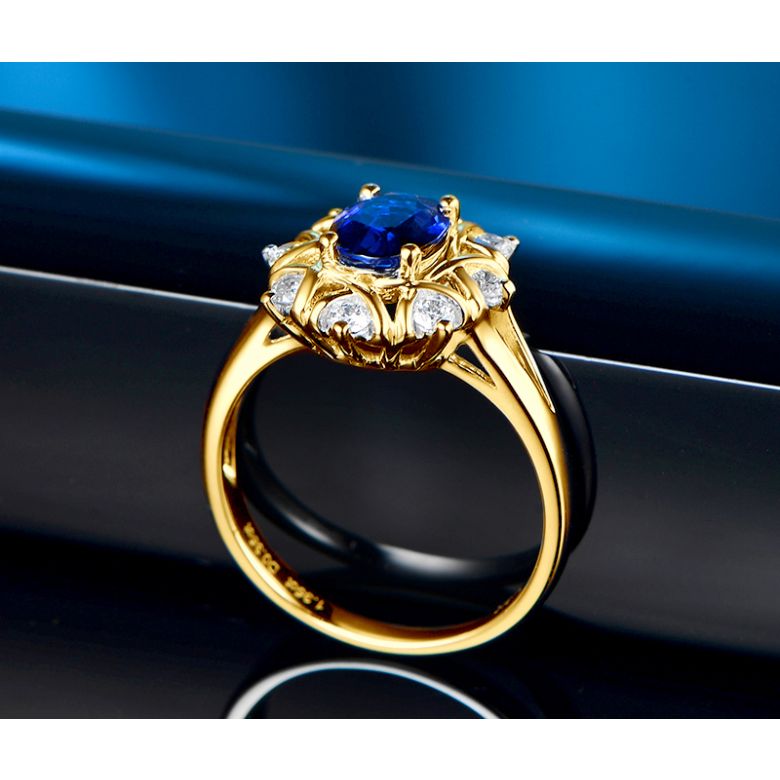 Bague fiancailles fleur saphir et diamants. Solitaire Or jaune - 7