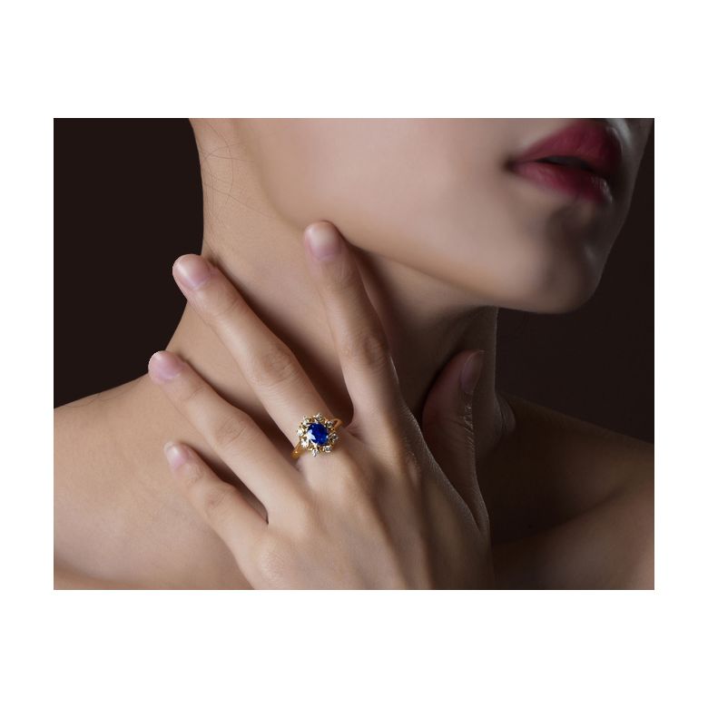 Bague fiancailles fleur saphir et diamants. Solitaire Or jaune - 2