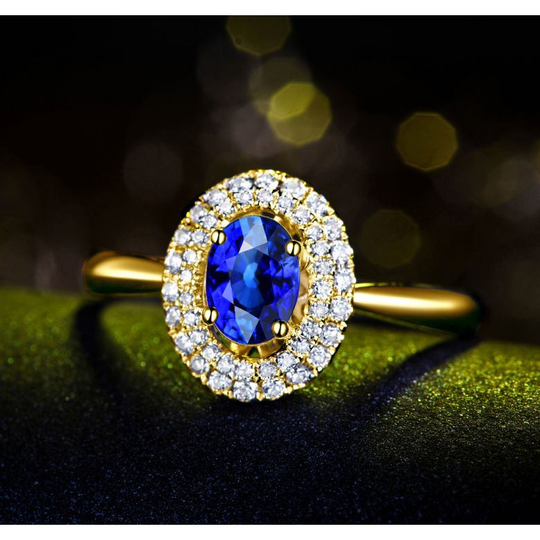 Bague de fiançailles ovale. Or jaune, saphir 0.50ct et diamants - 2