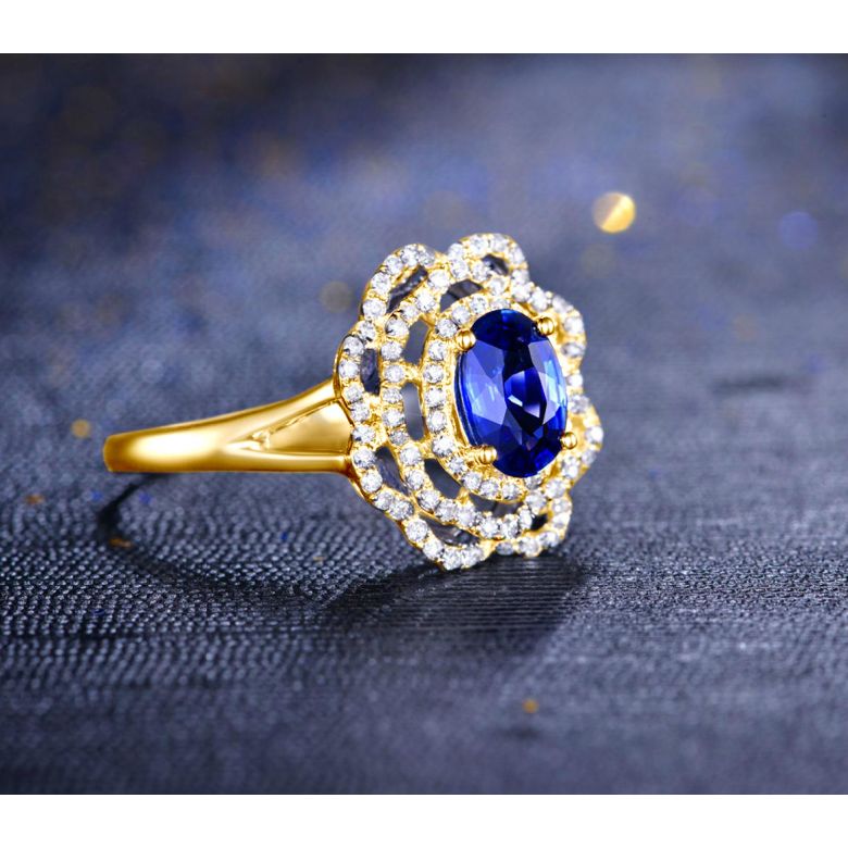 Bague fiancailles saphir bleu diamants. Or jaune, fleur éclose - 6