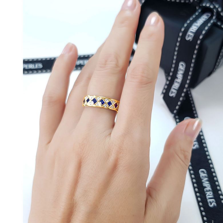 Bague saphir Dame de carreau. Or jaune & diamant - 7