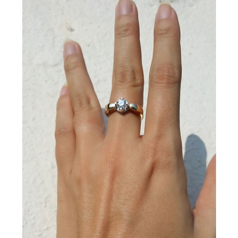 Solitaire anneau bombé - Or blanc & jaune - Couronne diamants 0.58ct | Jefferson - 5