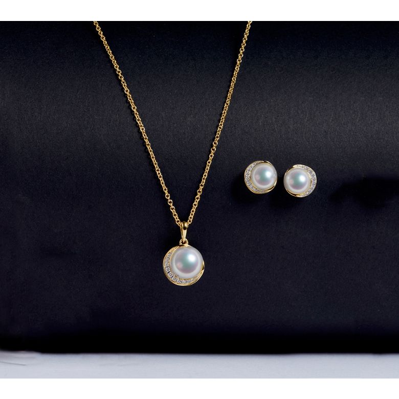 Pendentif et Boucles Hinata. Perles Akoya, Or jaune, diamants. - 3