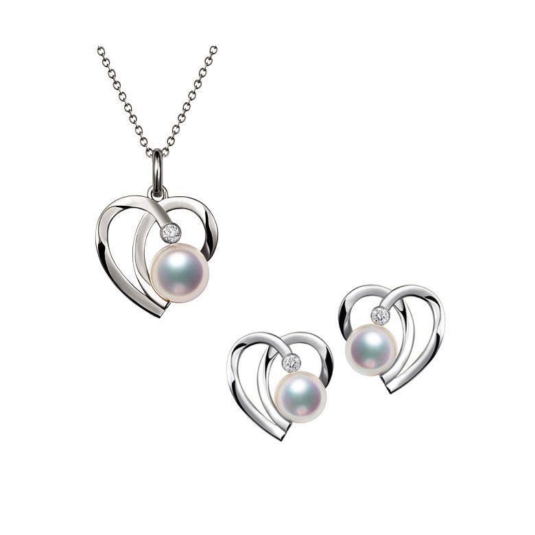 Pendentif et Boucles coeurs stylisés. Perles Akoya, Or blanc - 1