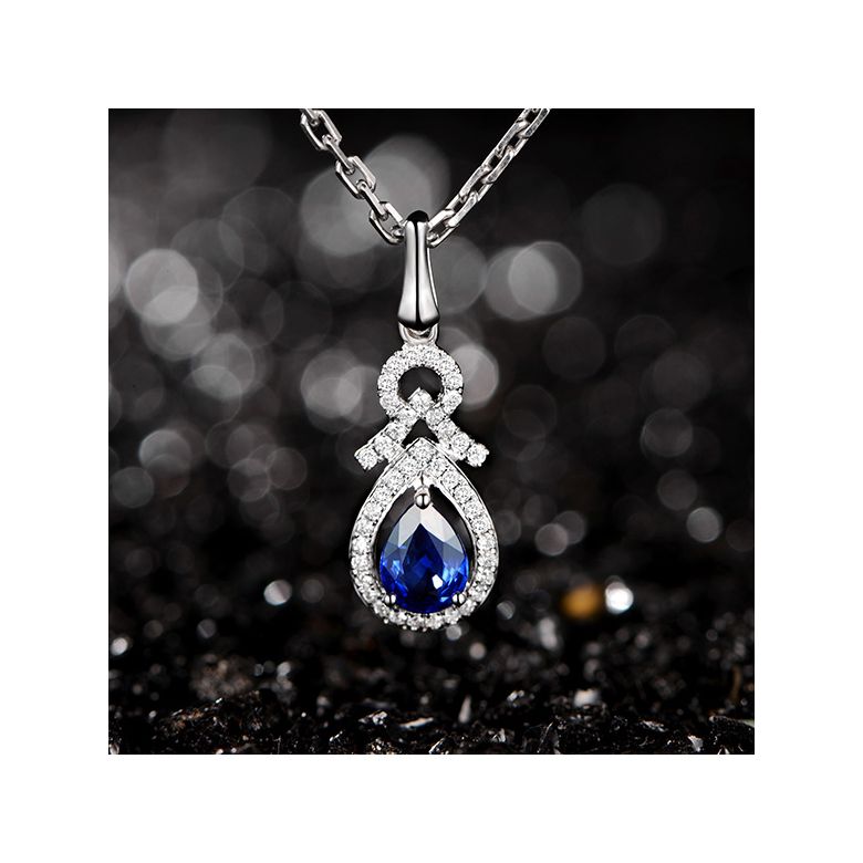 Pendentif Or blanc 18 carats - Saphir et diamants en poire - 6