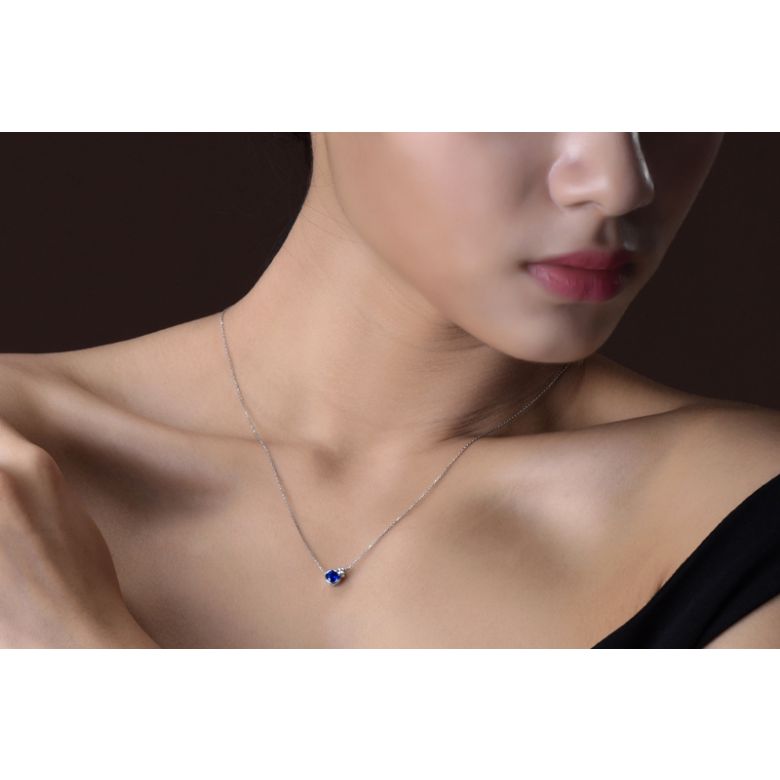 Collier pendentif Or blanc, saphir et diamant sertis clos - 2