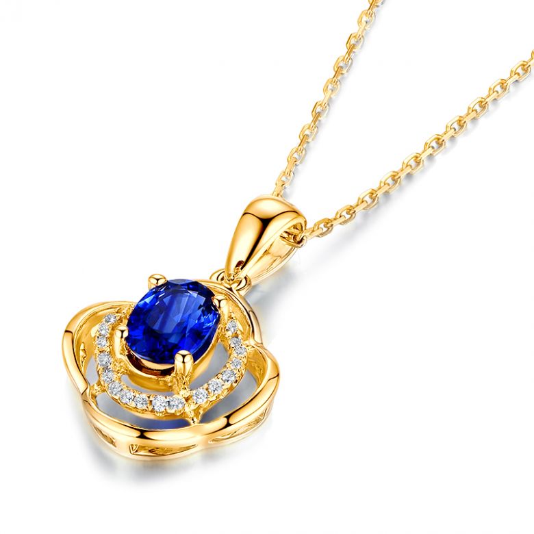 Pendentif saphir 1 carat. Breloque Or jaune motif fleur - 8
