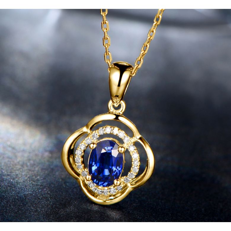 Pendentif saphir 1 carat. Breloque Or jaune motif fleur - 5