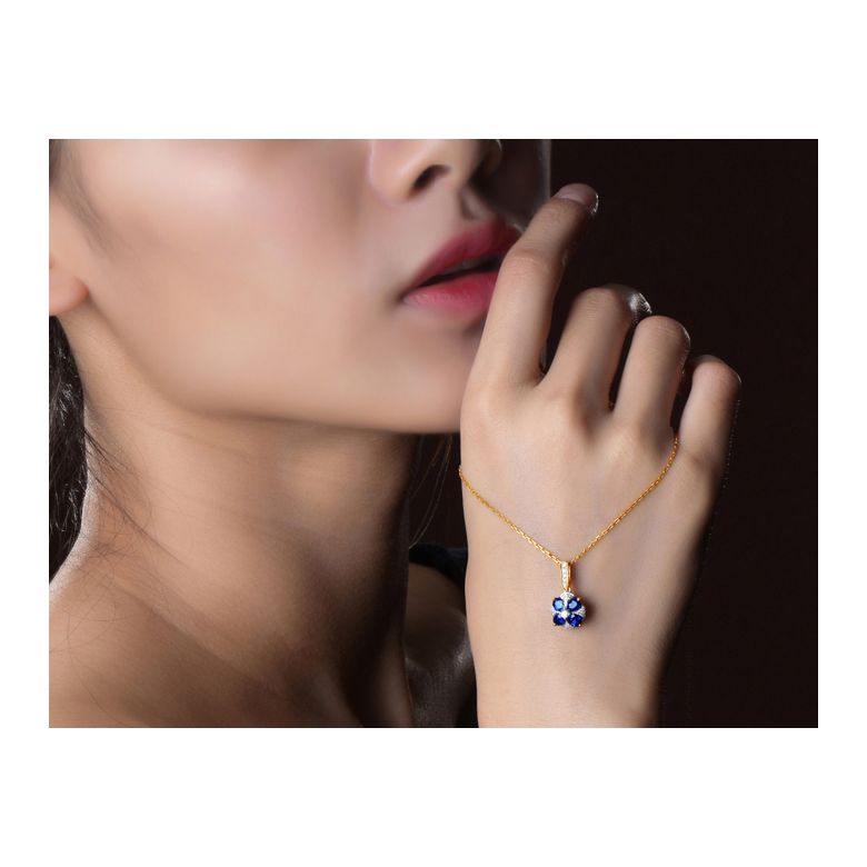 Pendentif solitaire fleur bleue. Or jaune, saphirs et diamants - 2