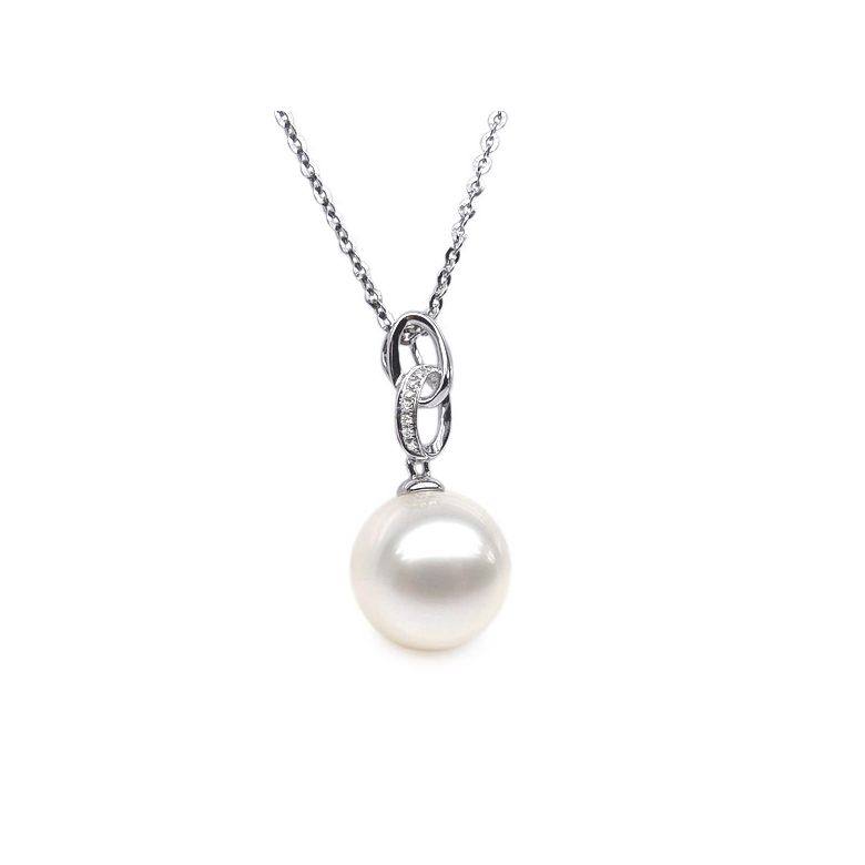 Pendentif 2 anneaux monté d'une perle blanche - Or blanc, diamants - 3