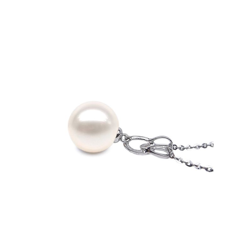 Pendentif 2 anneaux monté d'une perle blanche - Or blanc, diamants - 4