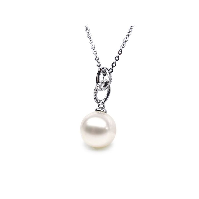 Pendentif 2 anneaux monté d'une perle blanche - Or blanc, diamants - 2