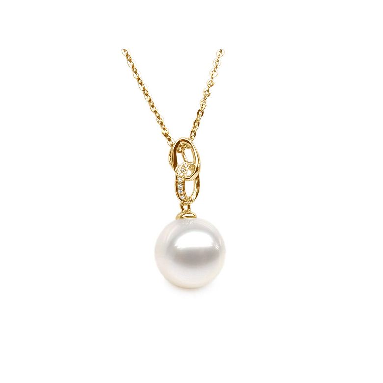 Pendentif 2 anneaux avec perle de culture - Or jaune, diamants pavés - 3