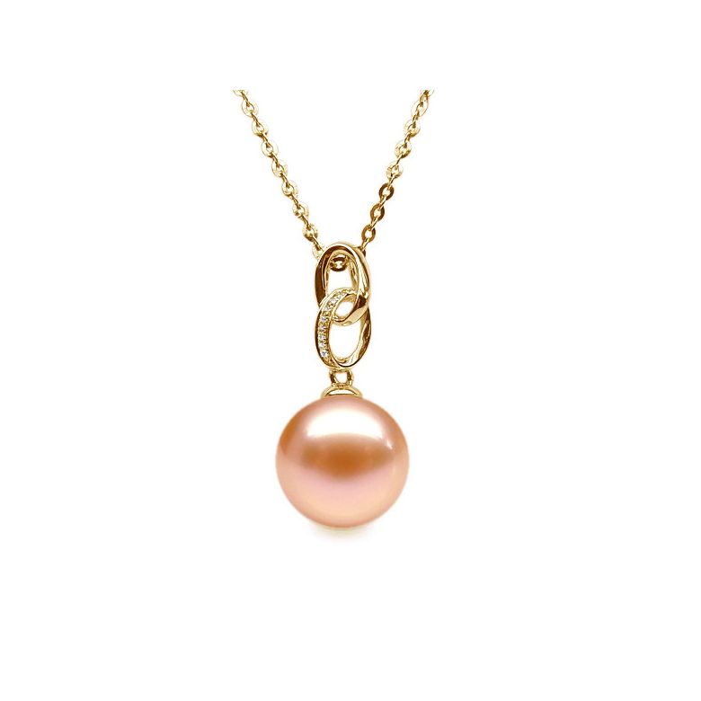 Pendentif 2 anneaux avec perle de culture - Or jaune, diamants pavés - 7