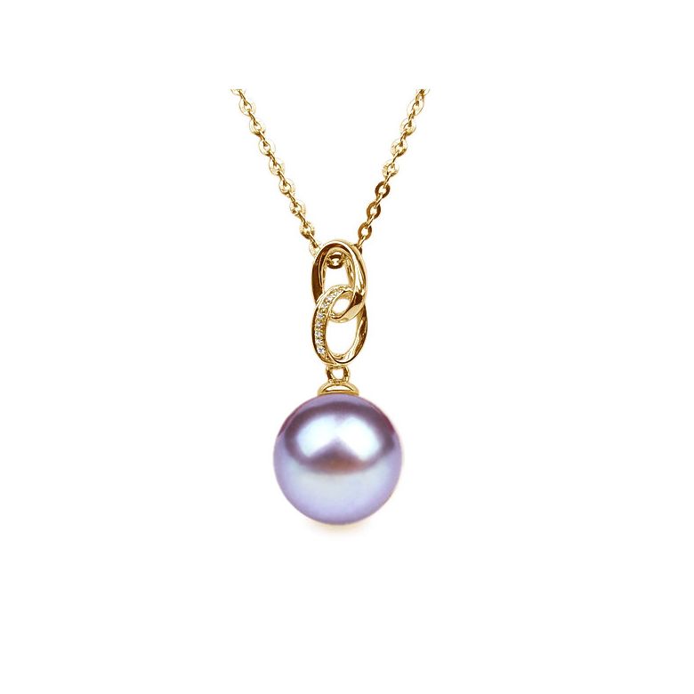 Pendentif 2 anneaux avec perle de culture - Or jaune, diamants pavés - 9