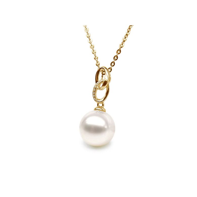 Pendentif 2 anneaux avec perle de culture - Or jaune, diamants pavés - 4