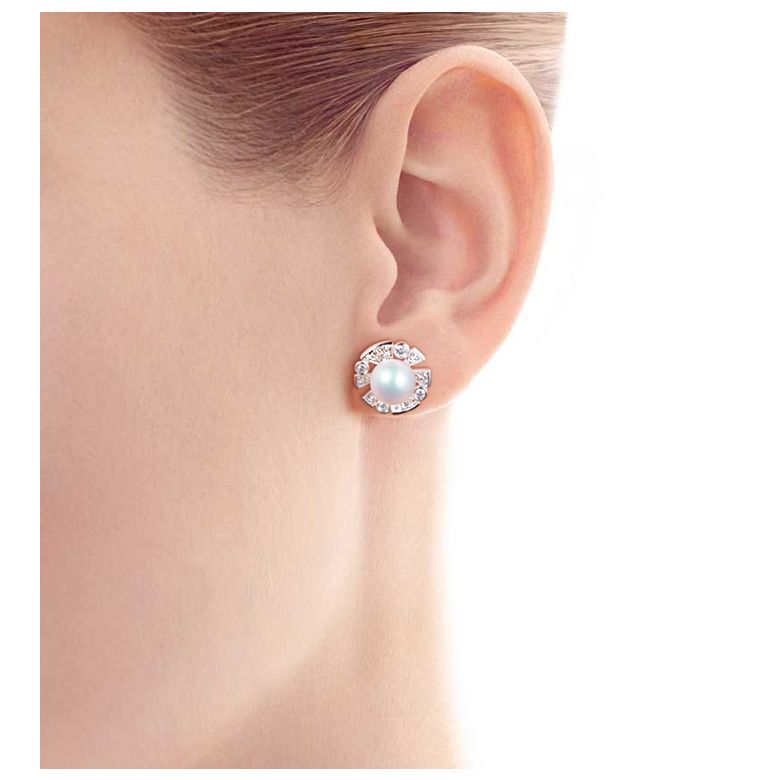 Boucles Oreilles Fleur Luxe. Perles Akoya, Or blanc, Diamants - 3